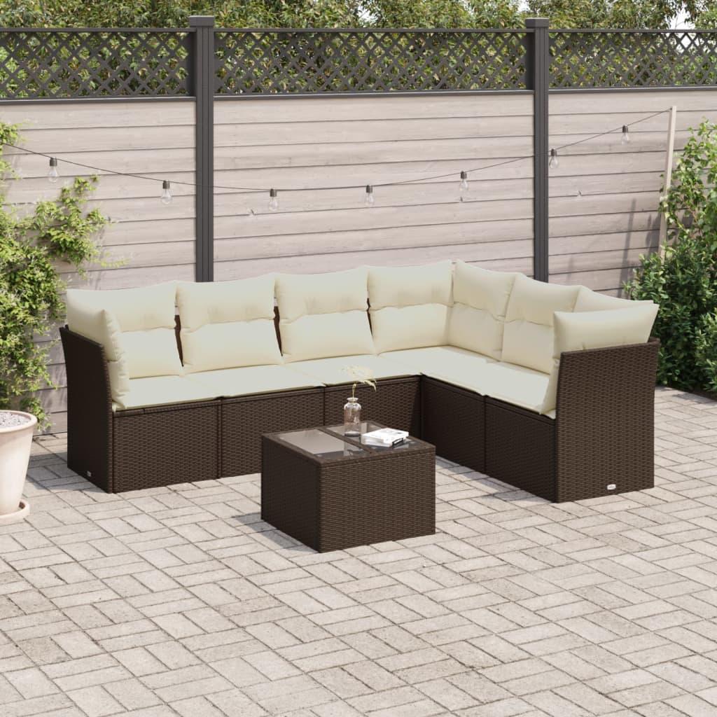 Havesofasæt i polyrattan - 7 dele med hynder, brun