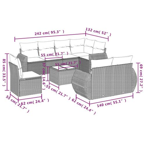 Sofasæt til haven 9 dele med hynder polyrattan brun