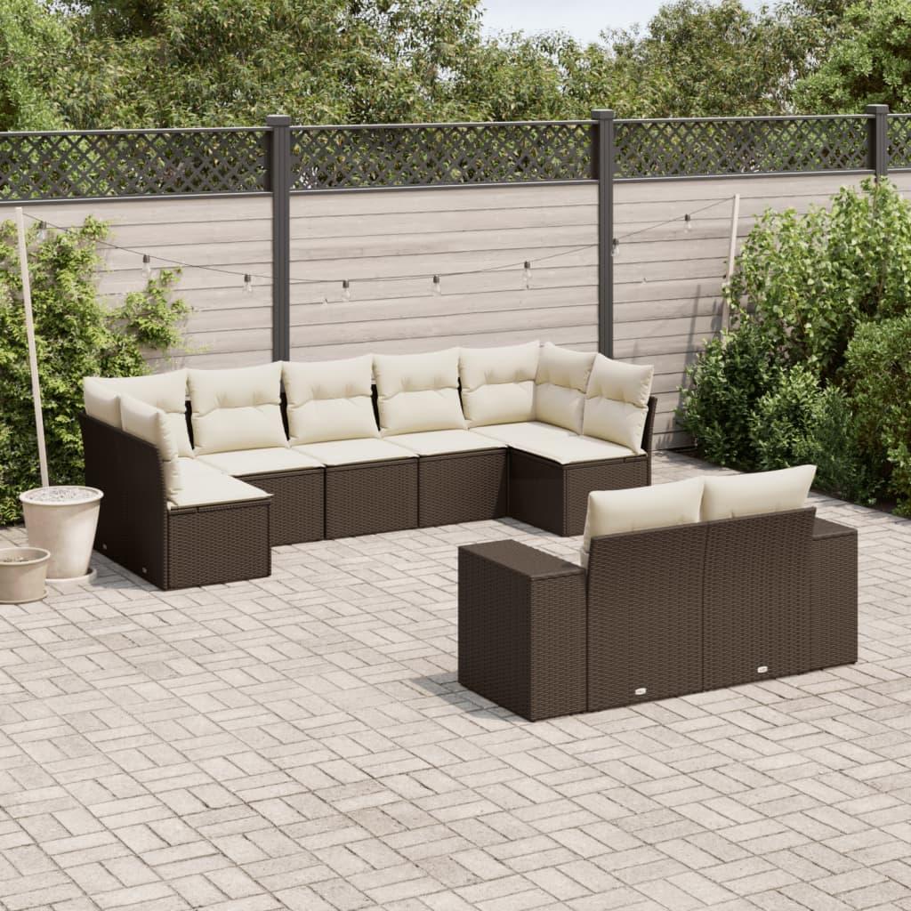 Sofasæt til haven i polyrattan - 9 dele med hynder, brun