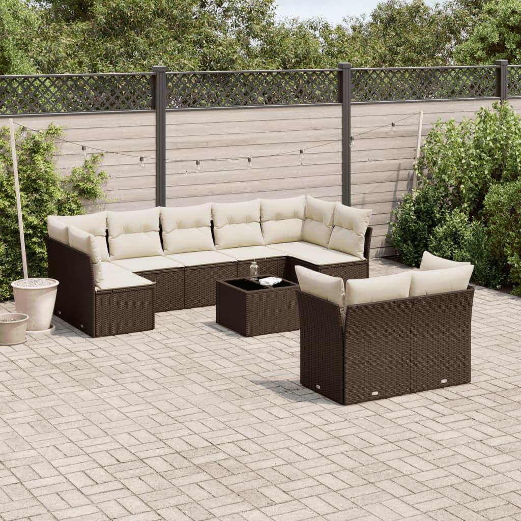 Sofasæt til haven i polyrattan - 10 dele med hynder, brun