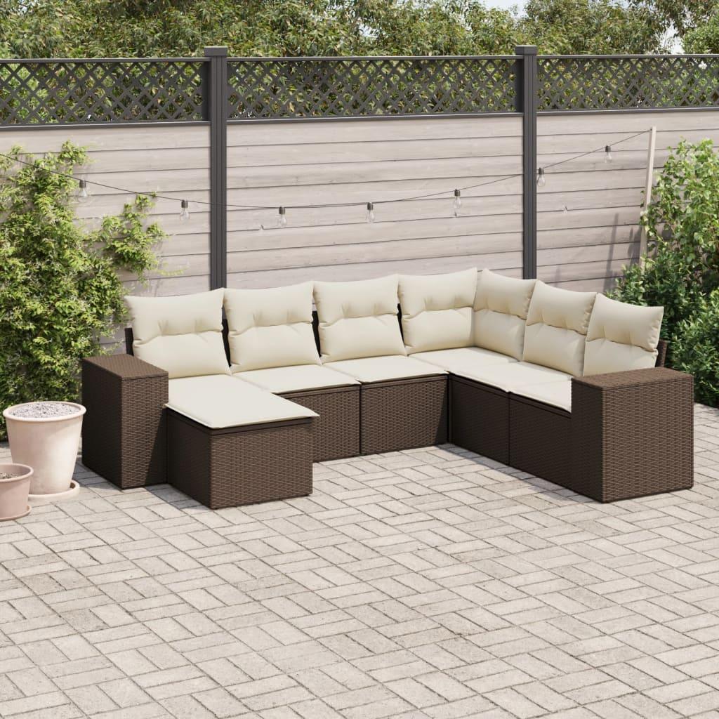 Sofasæt til haven i polyrattan - 7 dele med hynder, brun billede