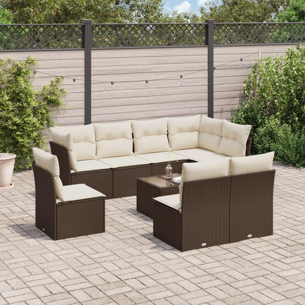 Sofasæt til haven i polyrattan - 9 dele med hynder, brun
