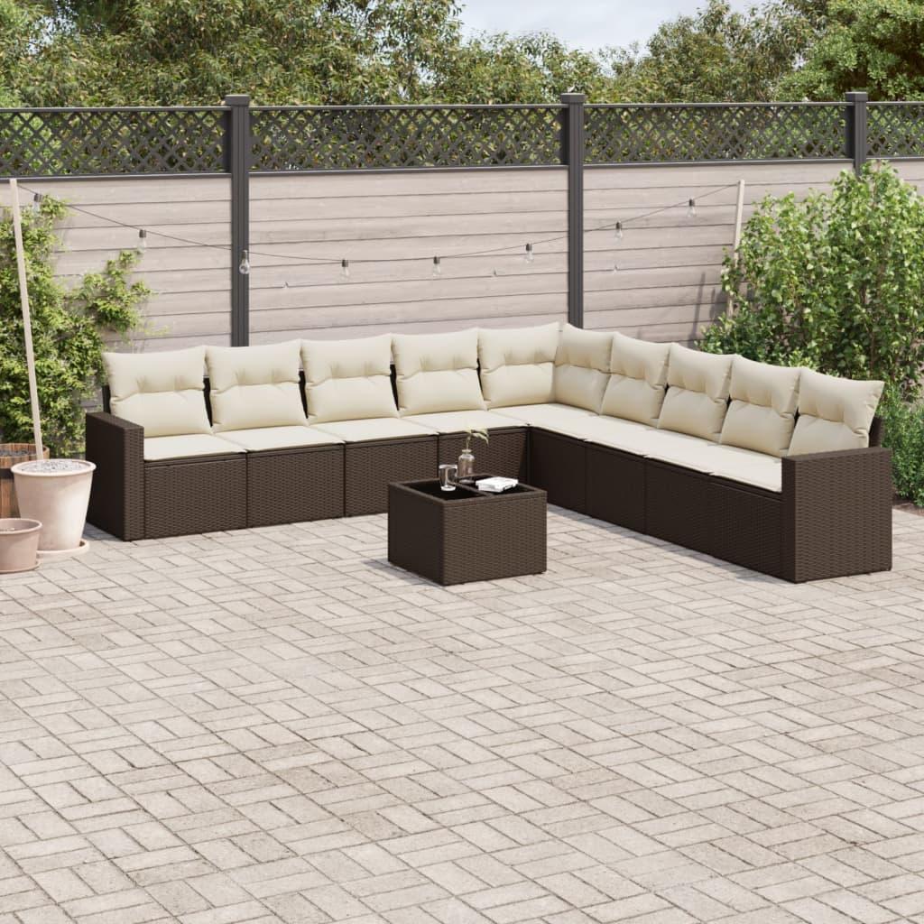 Sofasæt til haven i polyrattan - 10 dele med hynder, brun