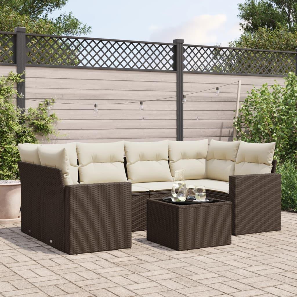 Sofasæt til haven i polyrattan - 7 dele med hynder, brun