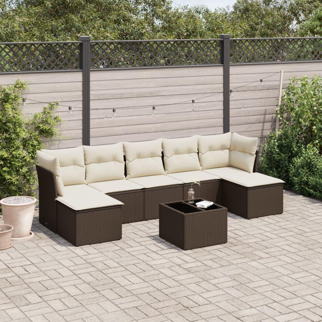 Sofasæt til haven i polyrattan - 8 dele med hynder, brun/creme
