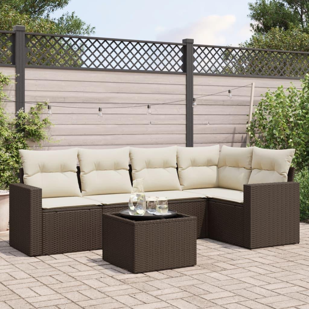 Sofasæt til haven i polyrattan - 6 dele med hynder, brun