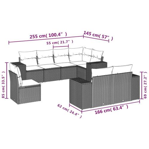 Sofasæt til haven 8 dele med hynder polyrattan brun