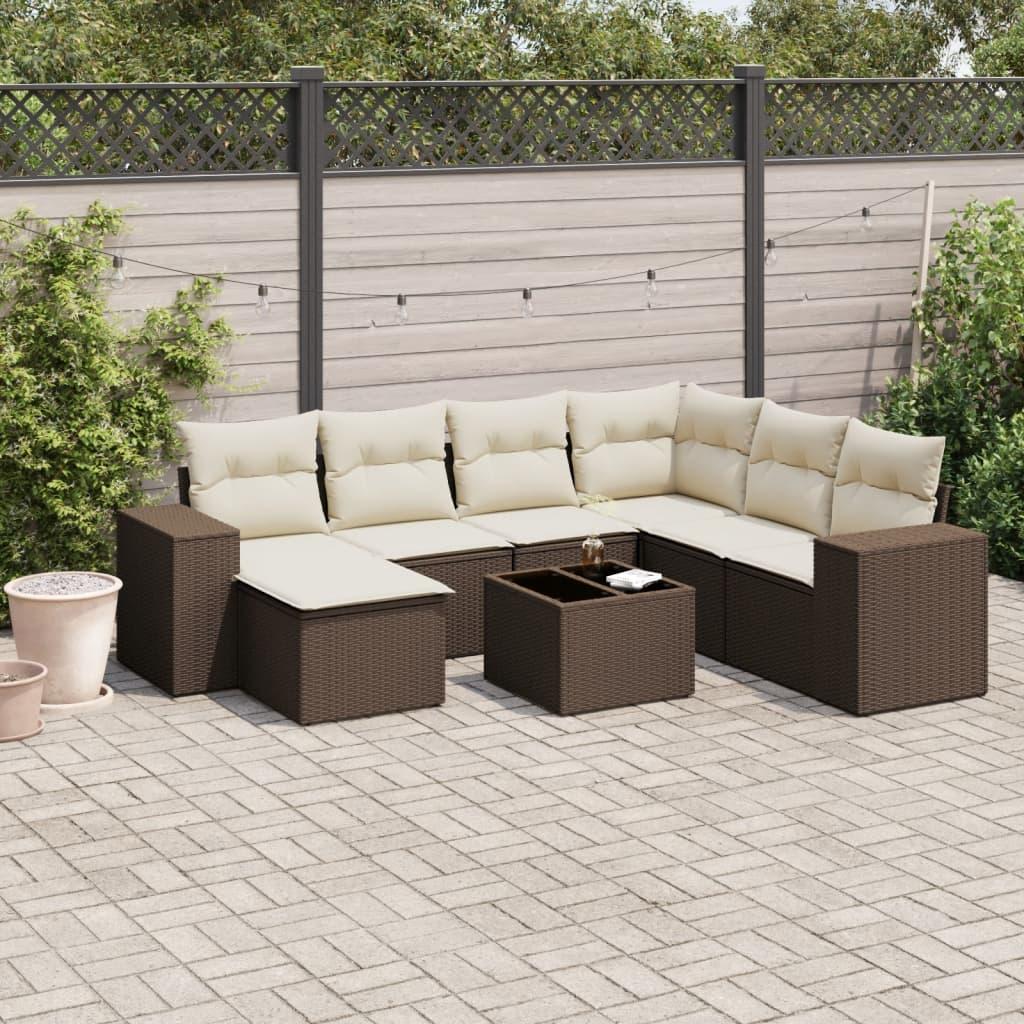Sofasæt til haven i polyrattan - 8 dele med hynder, brun
