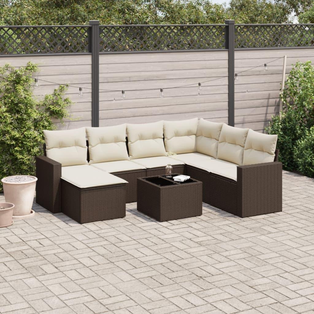 Sofasæt til haven i polyrattan - 8 dele med hynder, brun