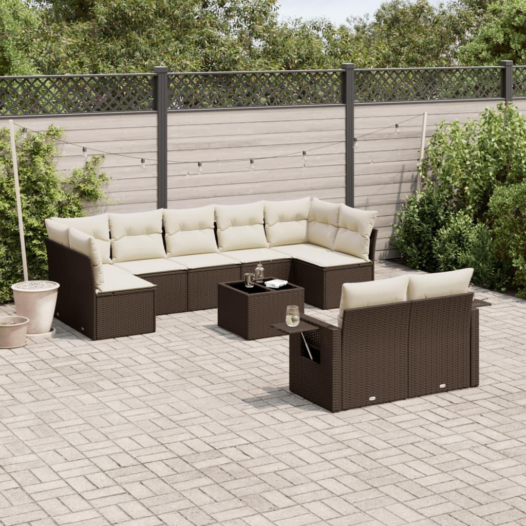 Havesofasæt i polyrattan - 10 dele med hynder, brun