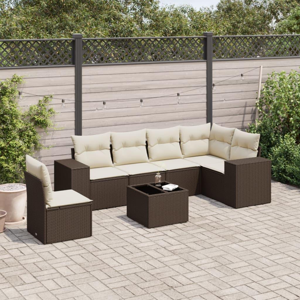 Havesofasæt i polyrattan - 7 dele med hynder, brun
