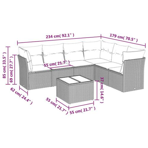 Sofasæt til haven 7 dele med hynder polyrattan brun