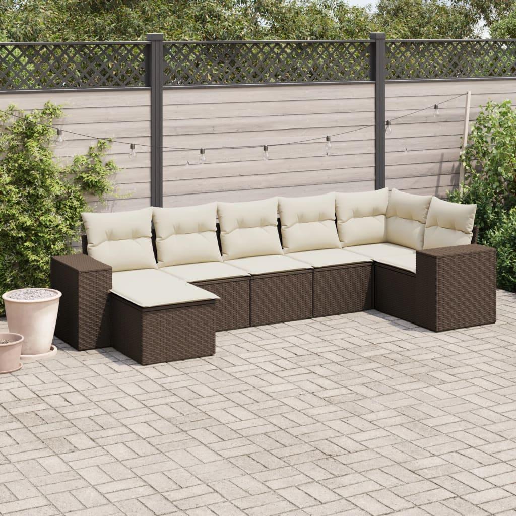 Sofasæt til haven 7 dele med hynder polyrattan brun