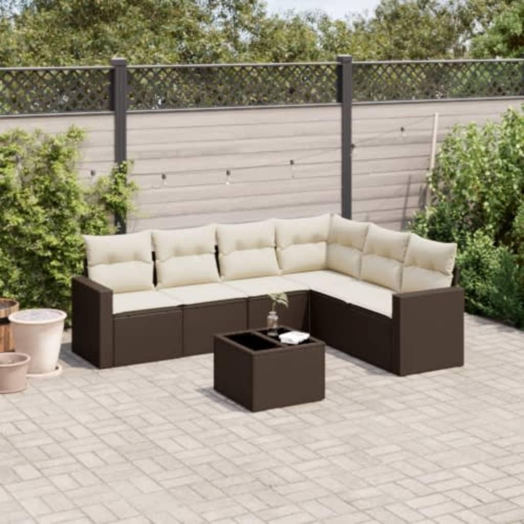 Sofasæt til haven 7 dele med hynder polyrattan brun billede