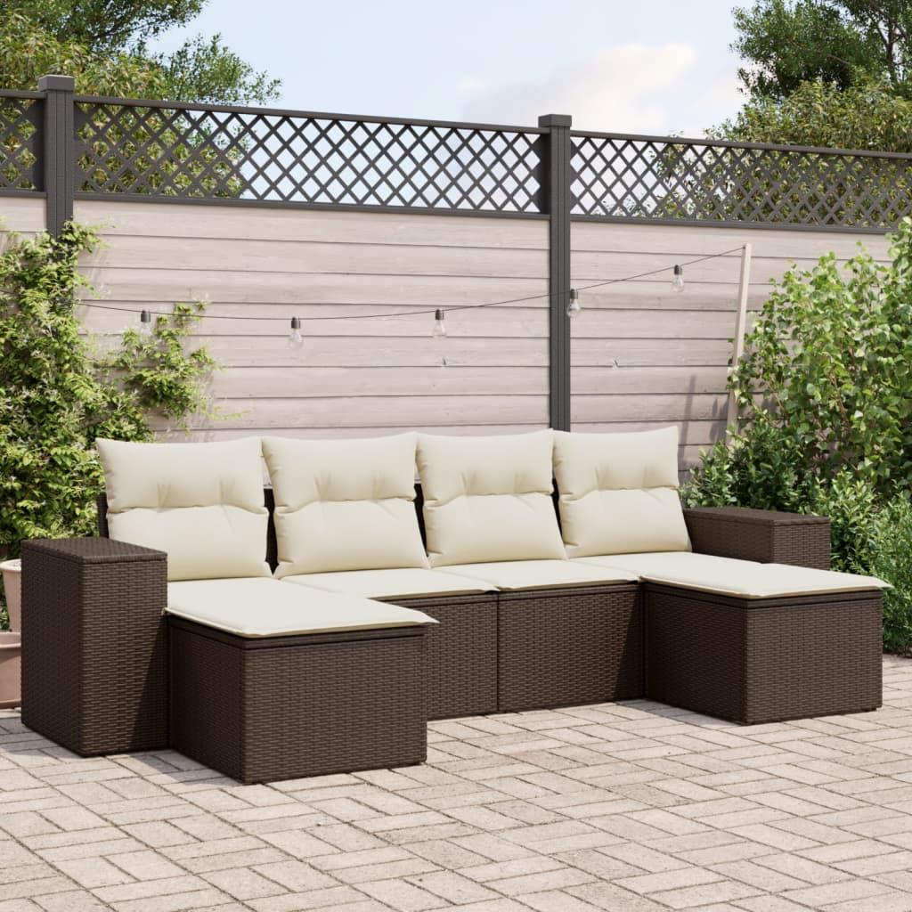 Sofasæt til haven i polyrattan, 6 dele - brun med creme hynder billede
