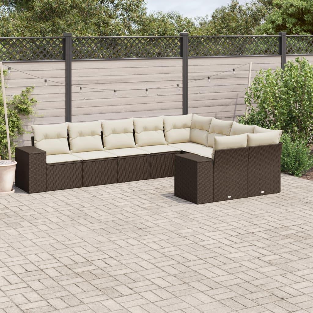 Sofasæt til haven i polyrattan - 9 dele med cremefarvede hynder, brun