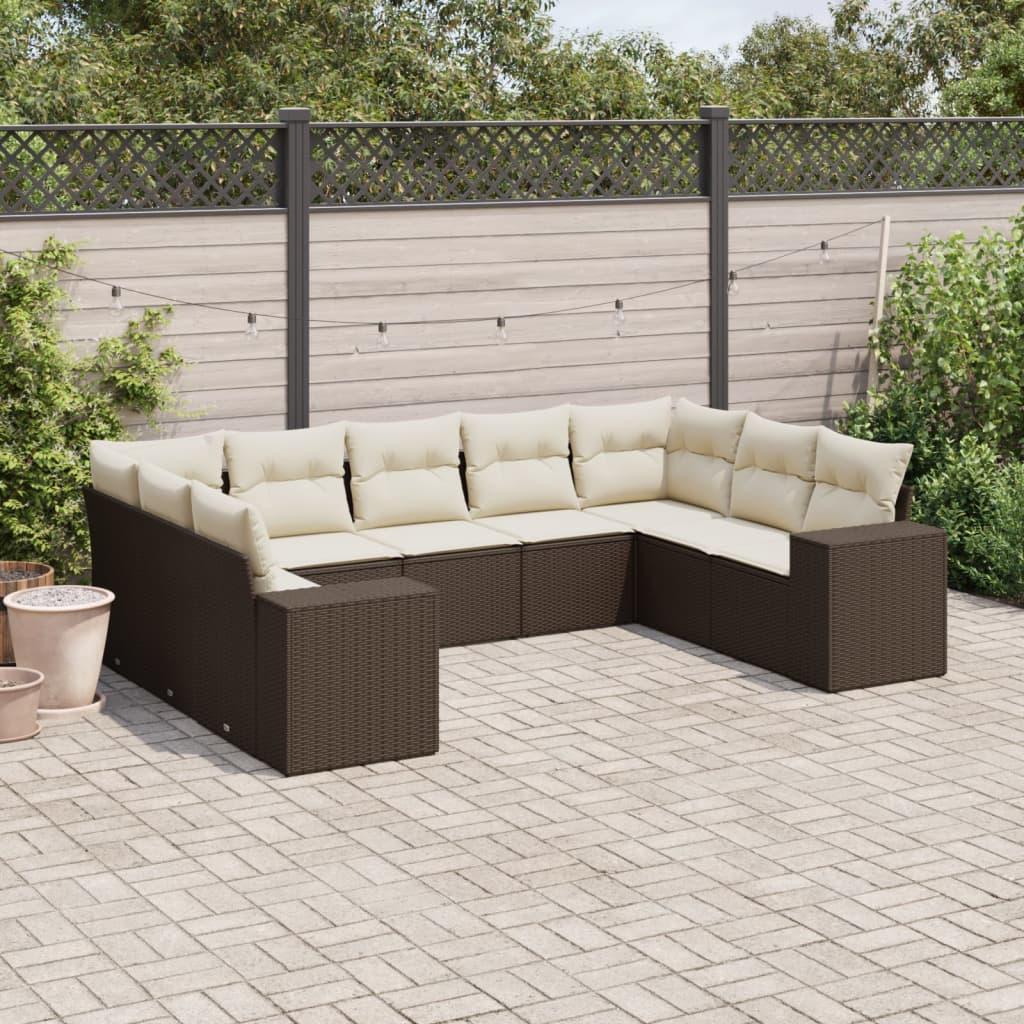 Sofasæt til haven i polyrattan - 9 dele med hynder, brun