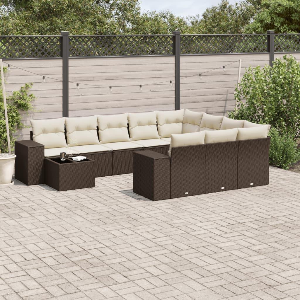 Loungesæt til haven 11 dele med hynder polyrattan brun