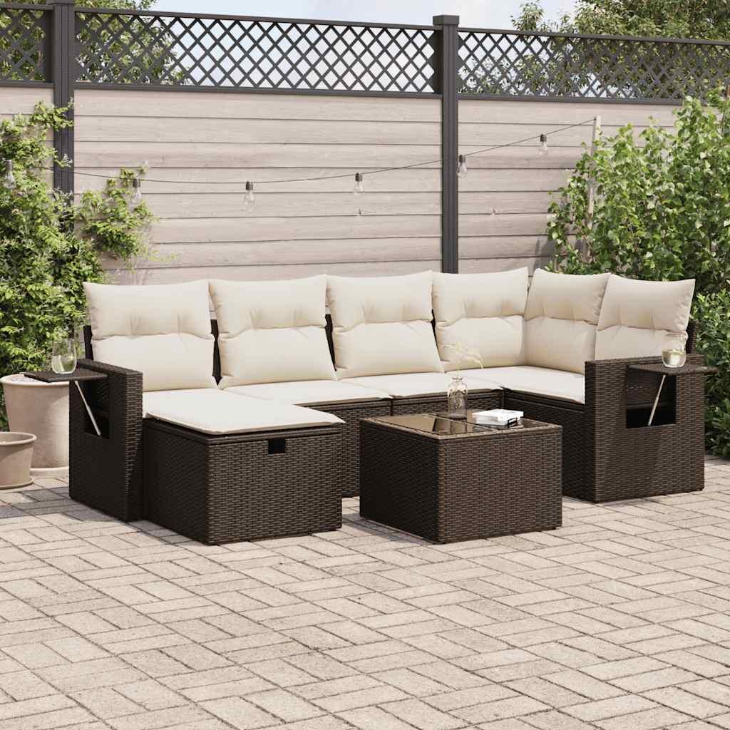 Sofasæt til haven 7 dele med hynder polyrattan brun