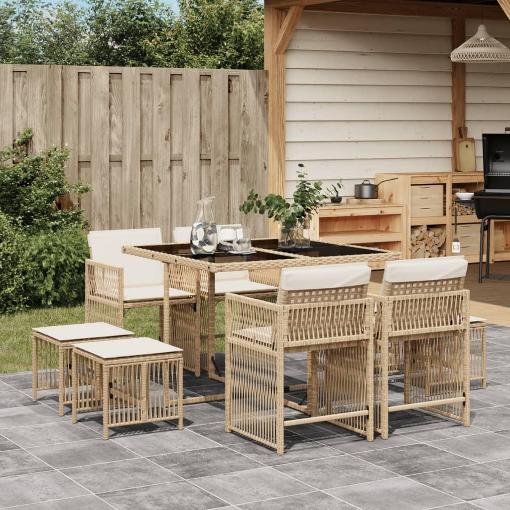 Spisebordssæt til haven 9 dele med hynder polyrattan beige