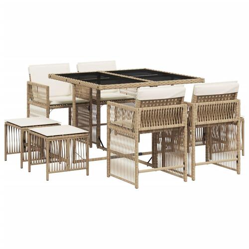 Spisebordssæt til haven 9 dele med hynder polyrattan beige