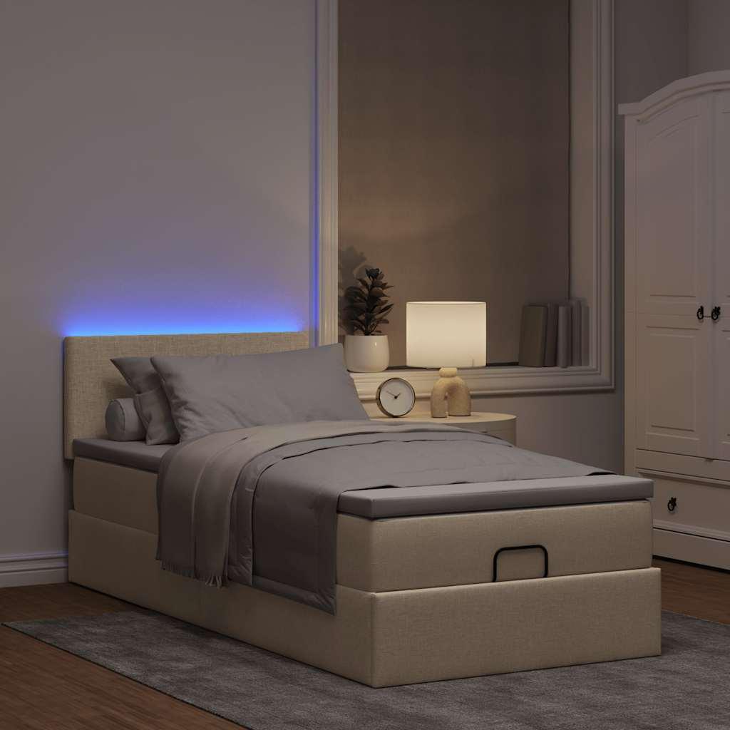 Ottoman seng med madras & LEDs 90x200 cm stof cremefarvet billede