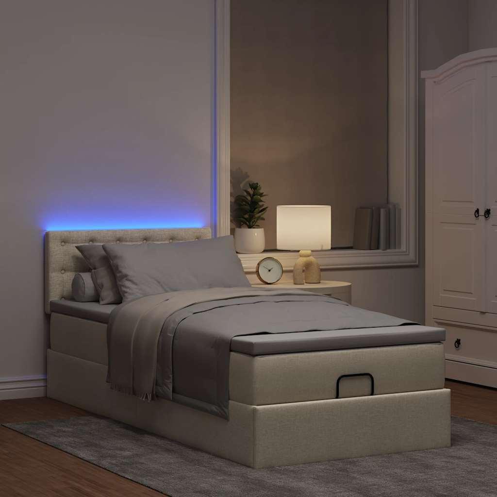 Ottoman seng med madras & LEDs 90x200 cm stof cremefarvet billede