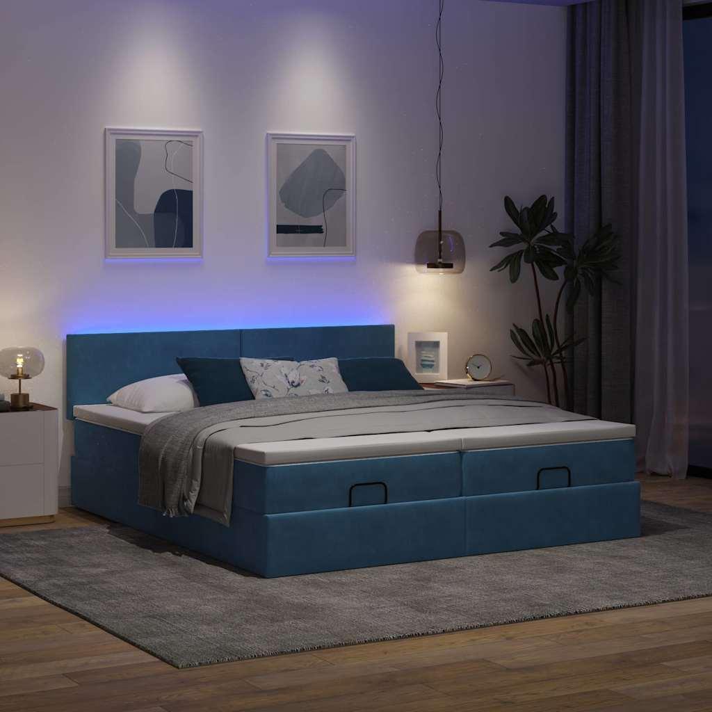 Ottoman seng med madrasser & LEDs Mørkeblå 200x200cm Fløjl billede