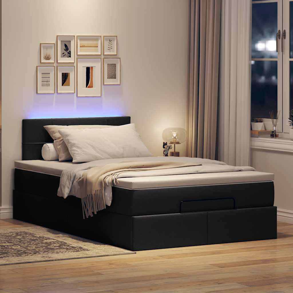 Ottoman seng med madras & LEDs 120x190 cm stof sort billede