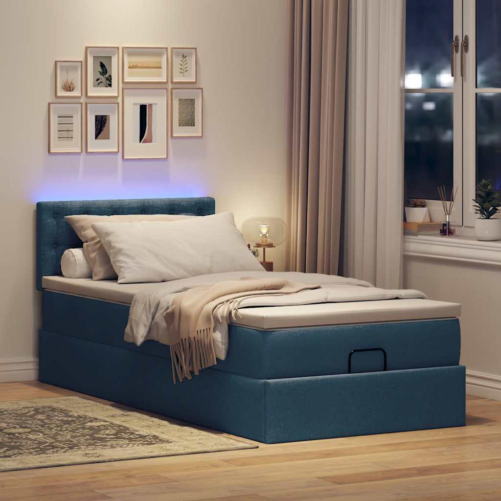Ottoman seng med madras & LEDs Blå 90x200 cm Stof billede