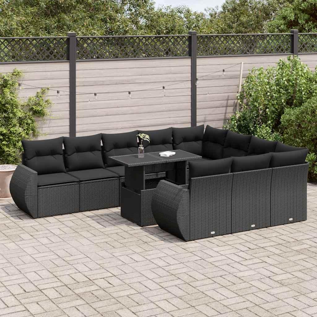 Sofasæt til haven i polyrattan - 11 dele med hynder, sort