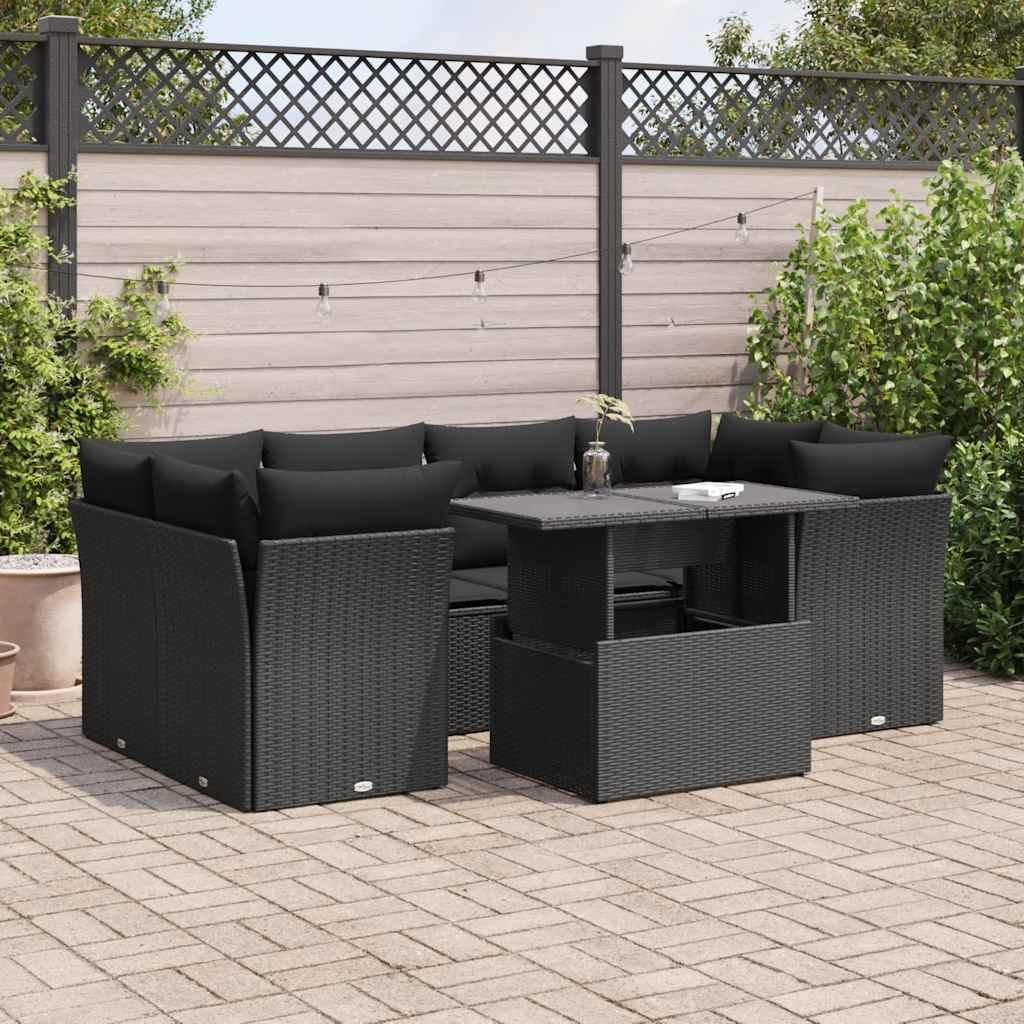 Havesofasæt i polyrattan - 7 dele med hynder, sort