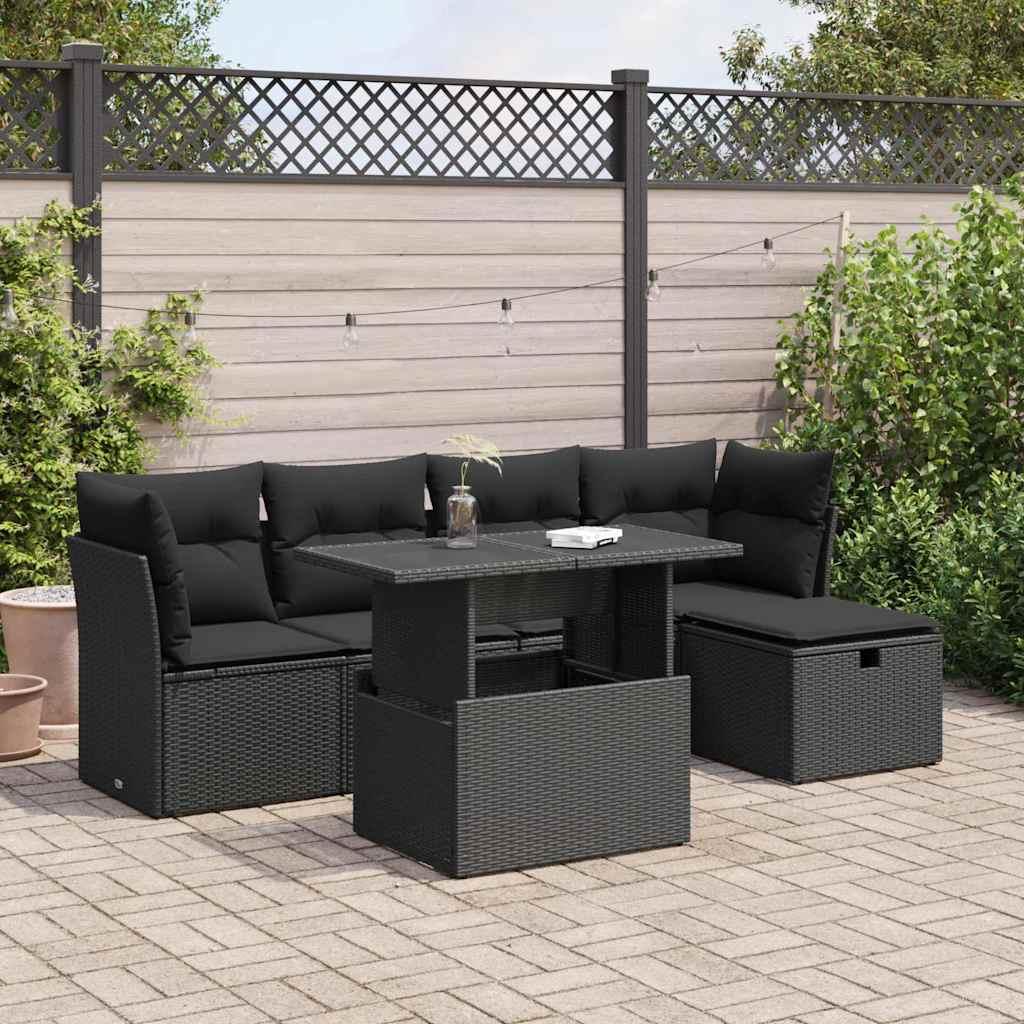 Sofasæt til haven i polyrattan - 6 dele med hynder, sort