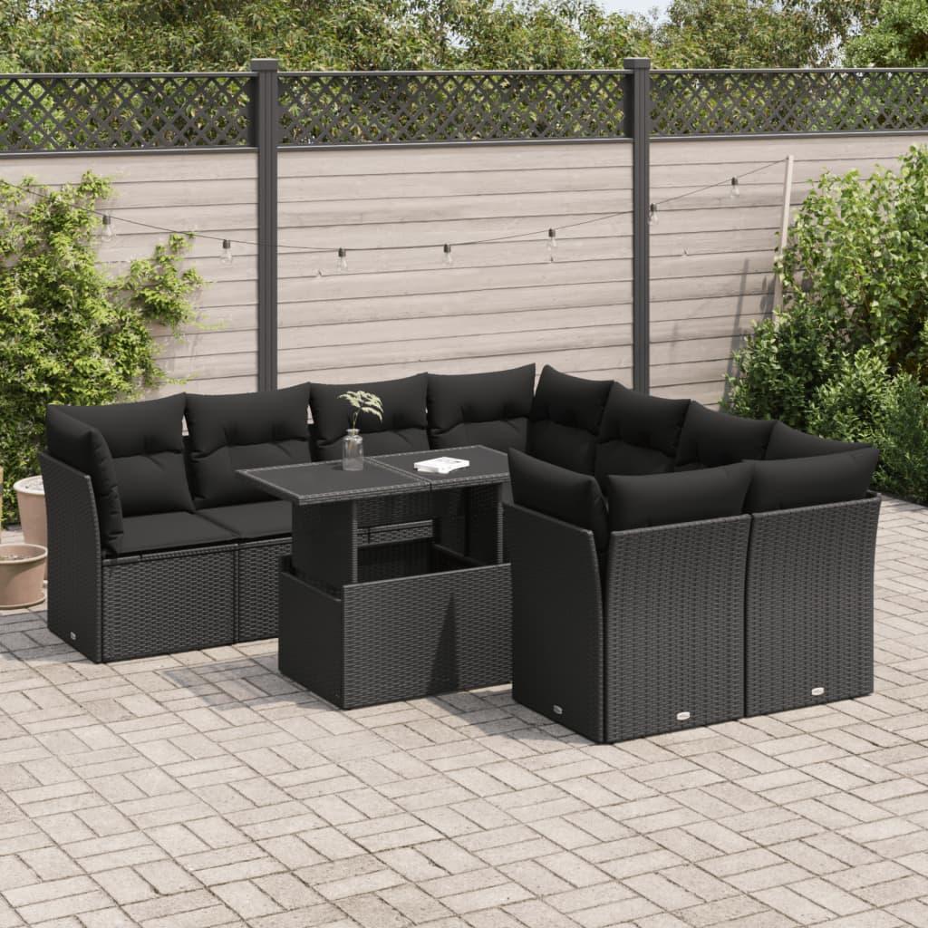 Sofasæt til haven 9 dele med hynder polyrattan sort