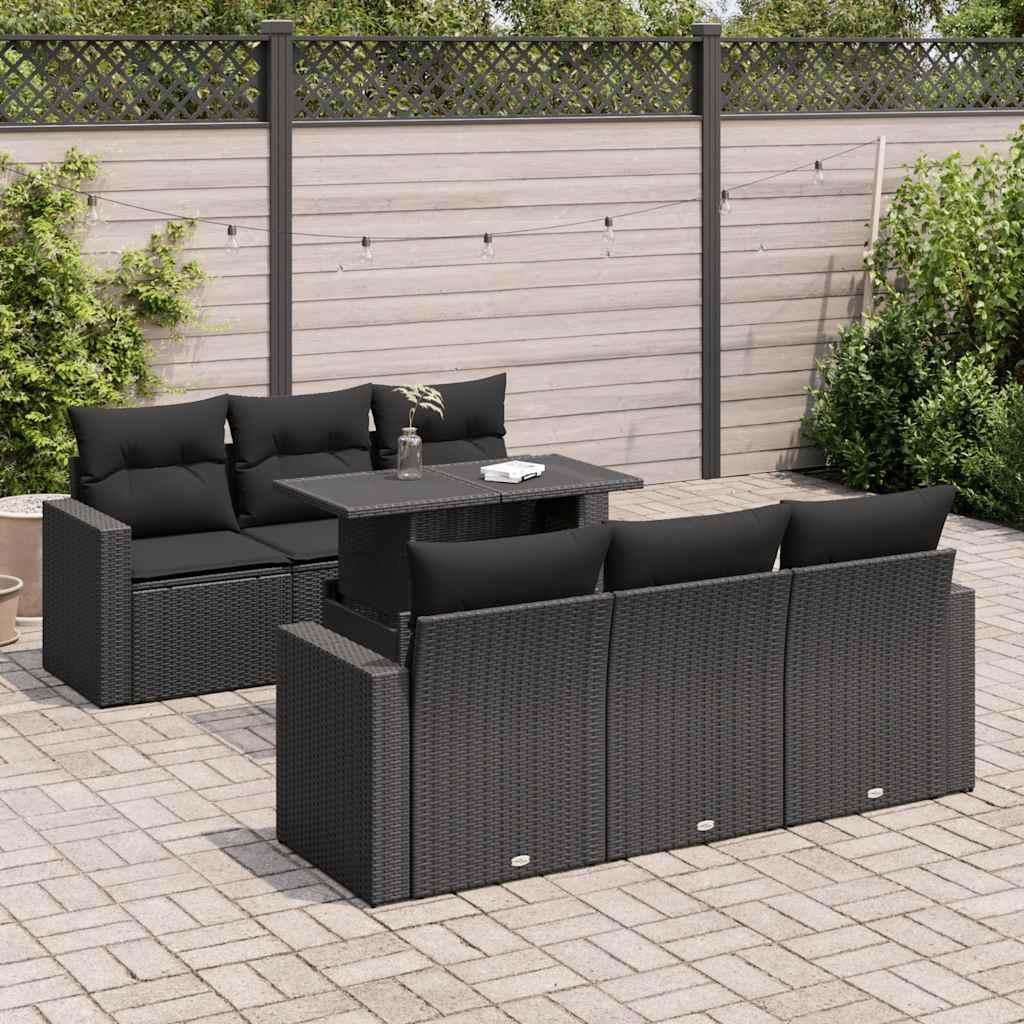 Havesofasæt i polyrattan - 7 dele med hynder, sort