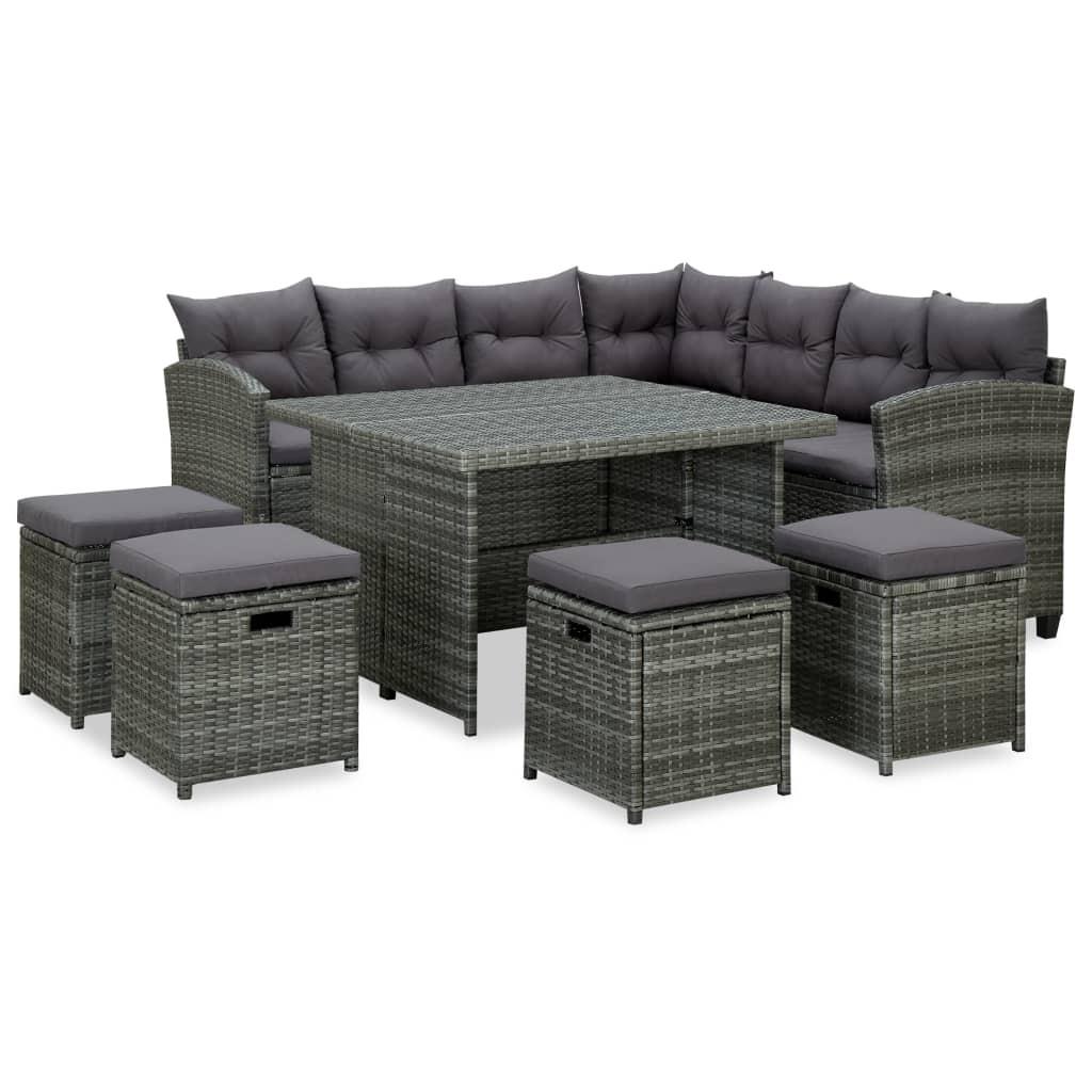 Loungesæt til haven 6 dele med hynder polyrattan grå