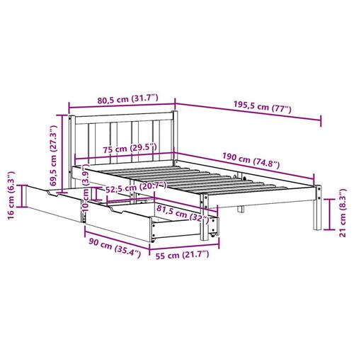 Sengeramme uden madras 75x190 cm massivt fyrretræ hvid