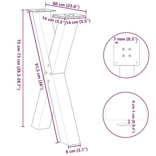 Spisebordsben X-formet 2 stk. 60x(72-73) cm stål sort