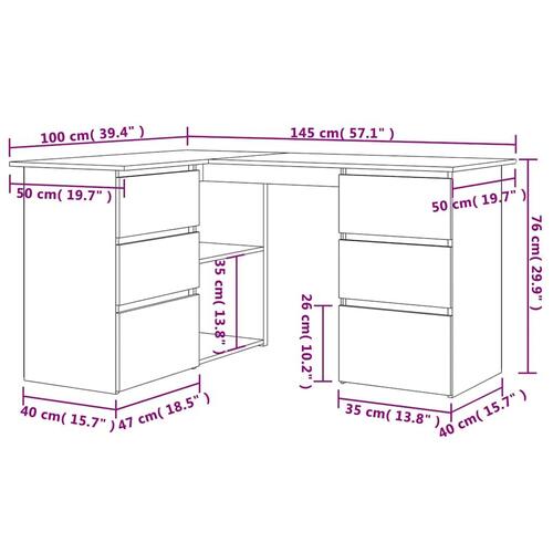 Hjørneskrivebord 145x100x76 cm konstrueret træ artisan egetræ
