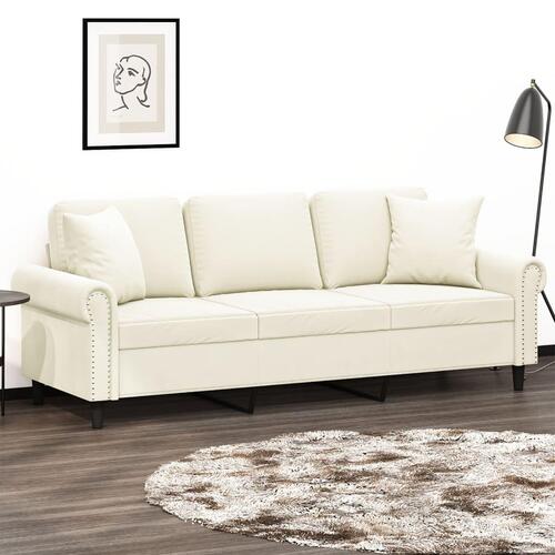 3-personers sofa med pyntepuder 180 cm velour cremefarvet