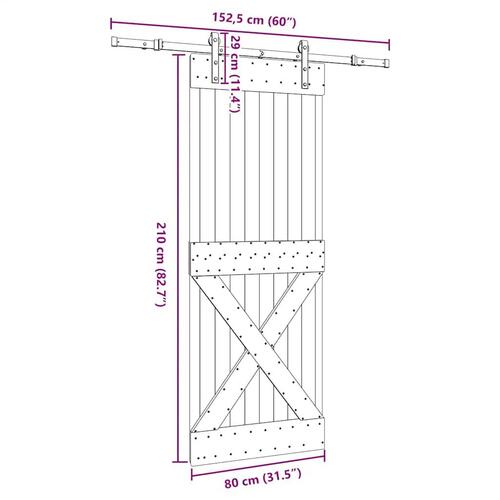 Skydedør med monteringssæt 80x210 cm massivt fyrretræ