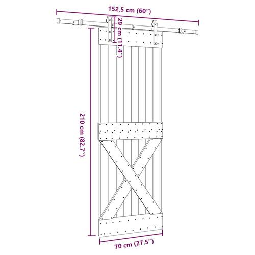 Skydedør med monteringssæt 70x210 cm massivt fyrretræ