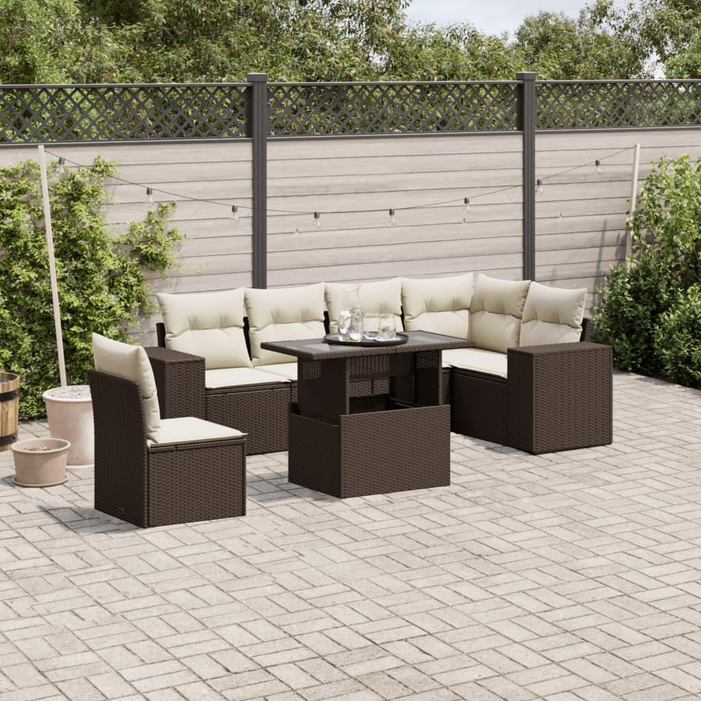 Havesofasæt i polyrattan - 7 dele med hynder, brun