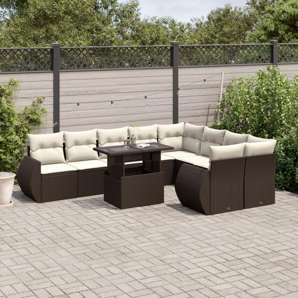 Havesofasæt i polyrattan - 10 dele med hynder, brun