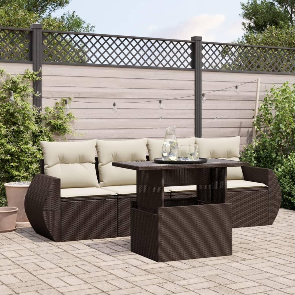 Sofasæt til haven 5 dele med hynder polyrattan brun