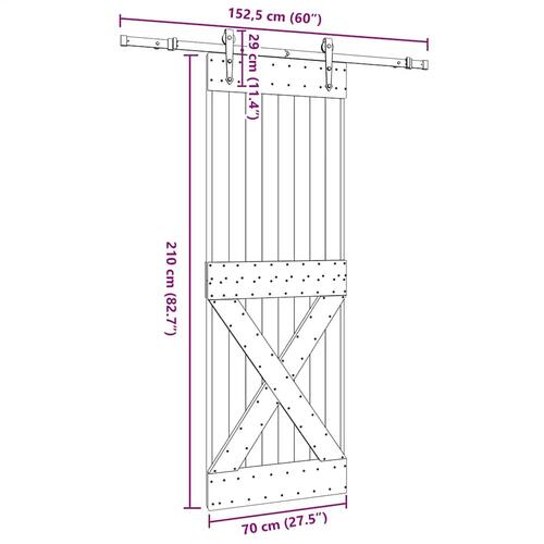 Skydedør med monteringssæt 70x210 cm massivt fyrretræ