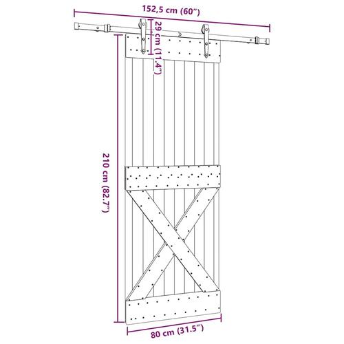 Skydedør med monteringssæt 80x210 cm massivt fyrretræ
