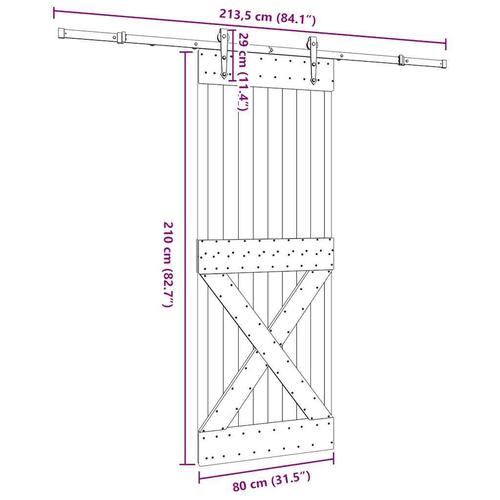 Skydedør med monteringssæt 80x210 cm massivt fyrretræ