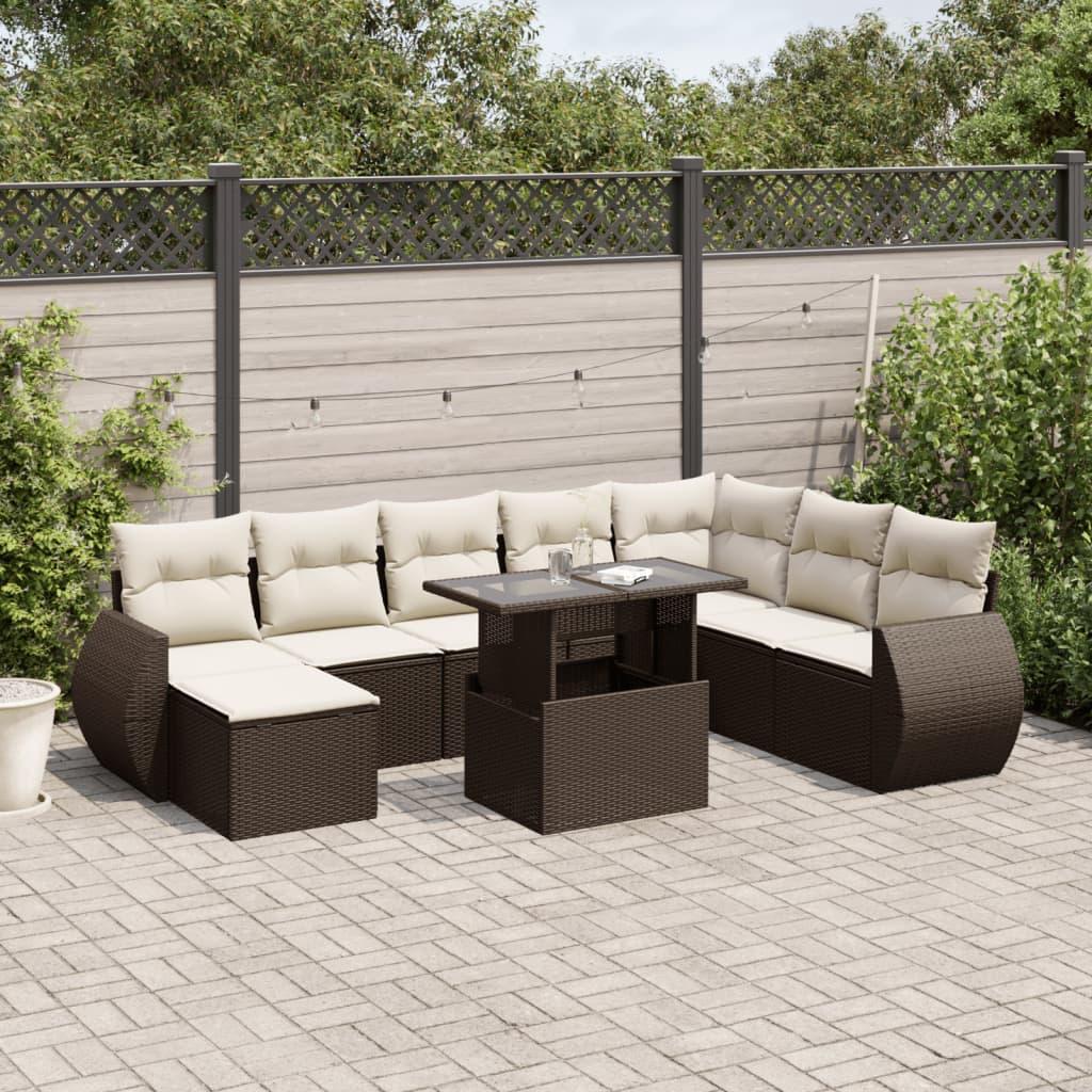 Sofasæt til haven 9 dele med hynder i polyrattan - brun