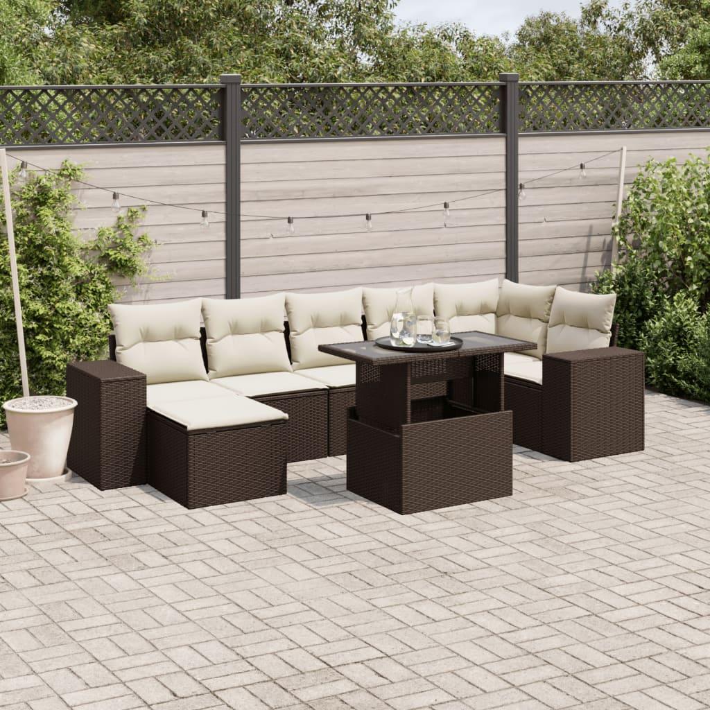 Sofasæt til haven i polyrattan - 8 dele med hynder, brun